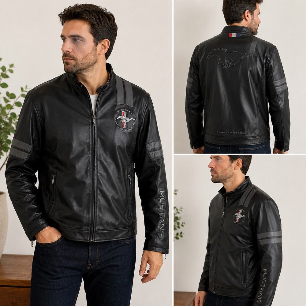 Ford Mustang Faux Leather Jacket Men’s XL Black Full Zip Embroidered Moto Coat